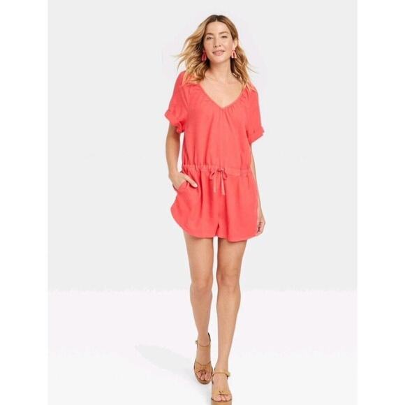 NWT Universal Thread Linen Blend Coral Pink Romper Size Small - Picture 1 of 9